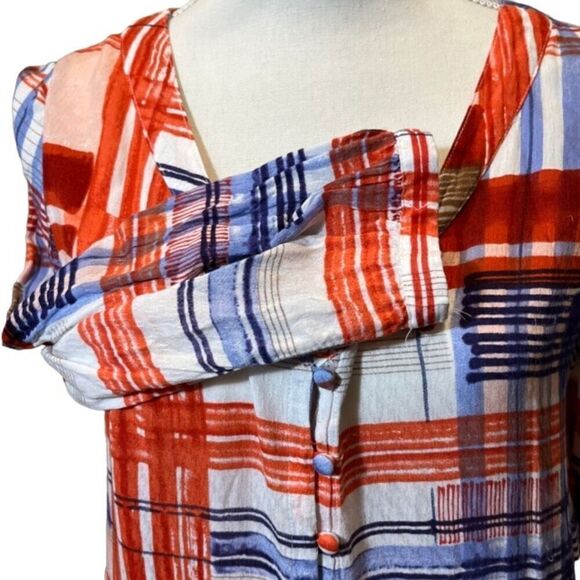 Maeve Anthropologie Babydoll Tunic Top Button Front V-Neck Red White Blue Size M - Picture 4 of 11